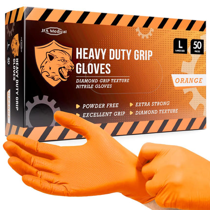 Premium Heavy Duty Orange Nitrile Gloves Diamond Grip