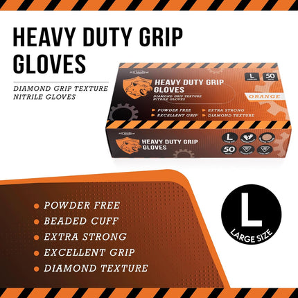 Premium Heavy Duty Orange Nitrile Gloves Diamond Grip